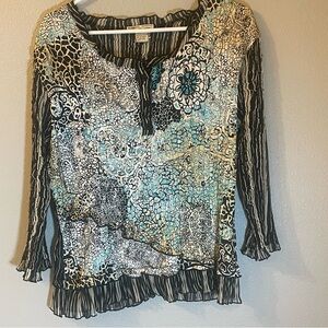 Alberto Makali Blue and Black Patterned Blouse. Crinkle. Size XL. Pre-owned.